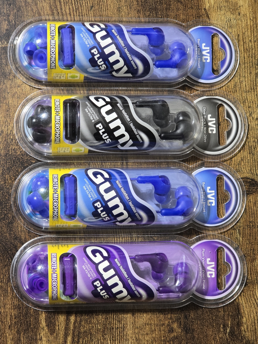 Set Of 4 JVC Gumy Plus Earbuds with Microphone - 2 Blue, 1 Black, 1 Purple New